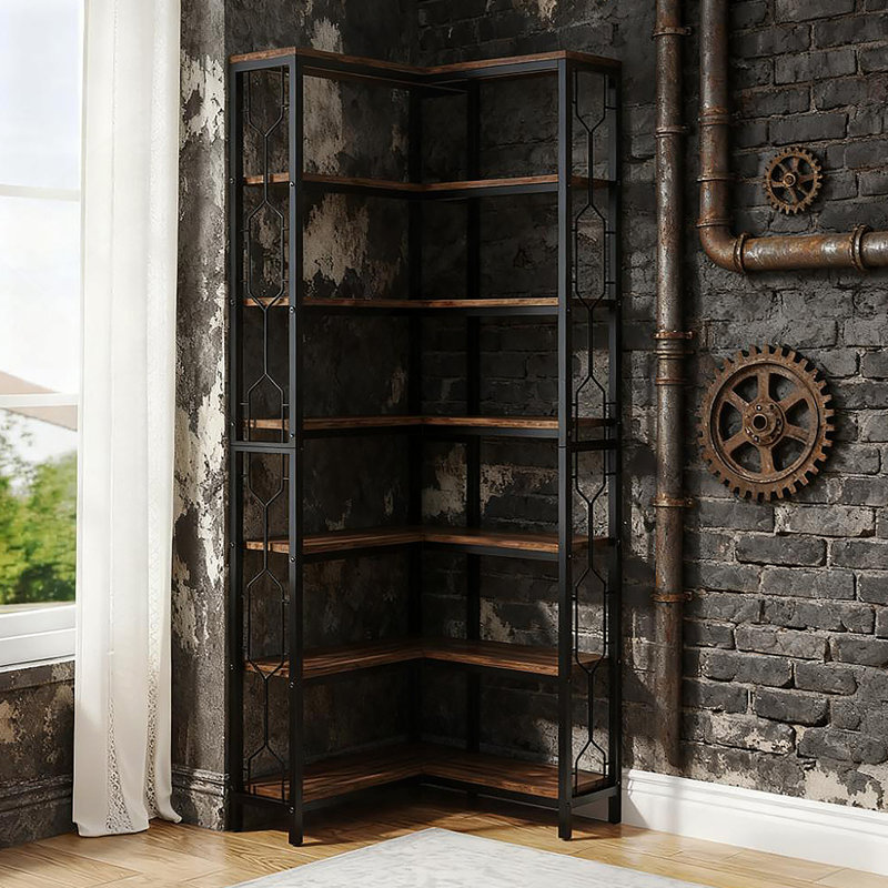78.7-Inch Tall 7-Tier Industrial Corner Bookshelf With Smart Space-Saving Design And Heavy-Duty Storage Capacity.