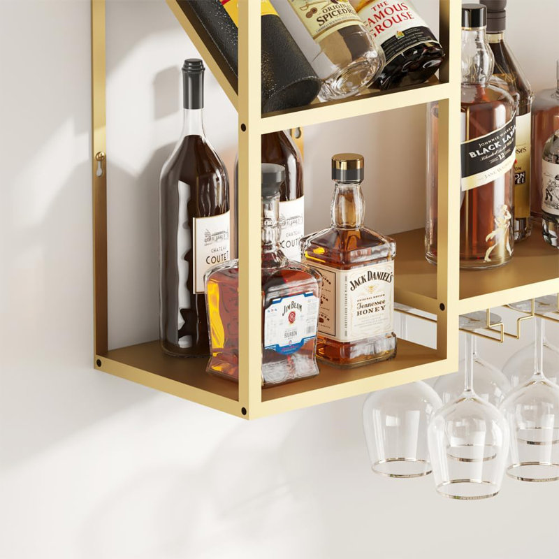Étagère à vin flottante en métal à 2 niveaux, support à vin mural avec rangement pour porte-verres, support de rangement pour présentoir à vin pour la cuisine, salle à manger (or)