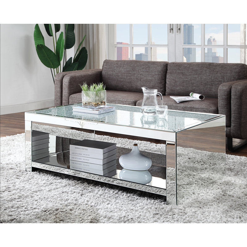Table basse, verre transparent, miroir et faux diamants