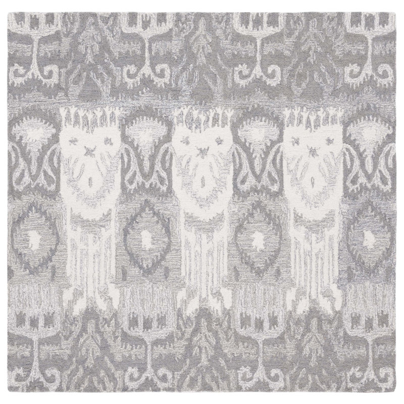 Tapis ivoire / gris en laine / coton touffeté à la main Ikat, Carré 6 pi