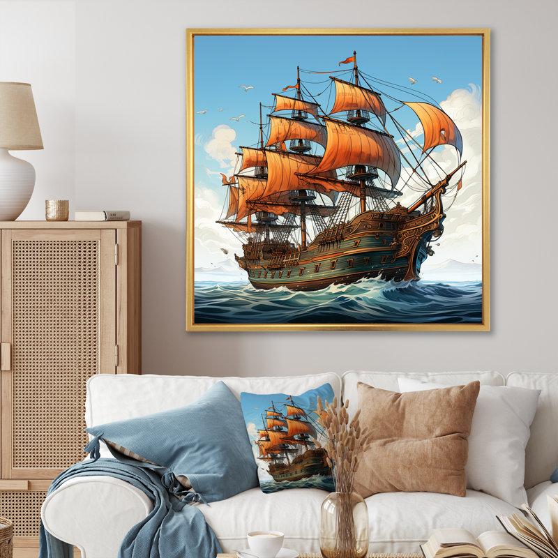 Dessin d'aventure, bateau pirate - Art mural, Cadre flottant doré, H 16 po x l 16 po x P 1 po