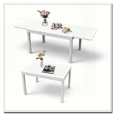 Table de salle à manger d'extérieur réglable en aluminium 35 po à 71 po, table de salle à manger d'extérieur réglable pour l'extérieur avec revêtement en E pour mobilier de bistro de jardin pour 4 à 6 personnes, blanc ivoire élégant