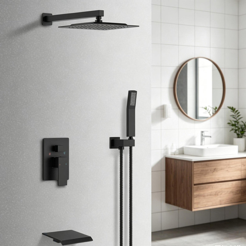 Rain Shower System Matte Black Tub Shower Faucet Set 10 Inch Square Rainfall Shower Head With Handheld Sprayer And Waterfall Tub Spout Pressure Balance Rough-In Valve Shower Mixer Combo