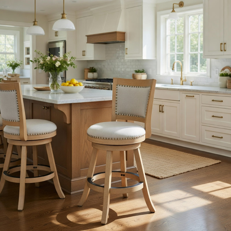 Tabouret de comptoir pivotant Kia, lin gris clouté, brun bois flottant