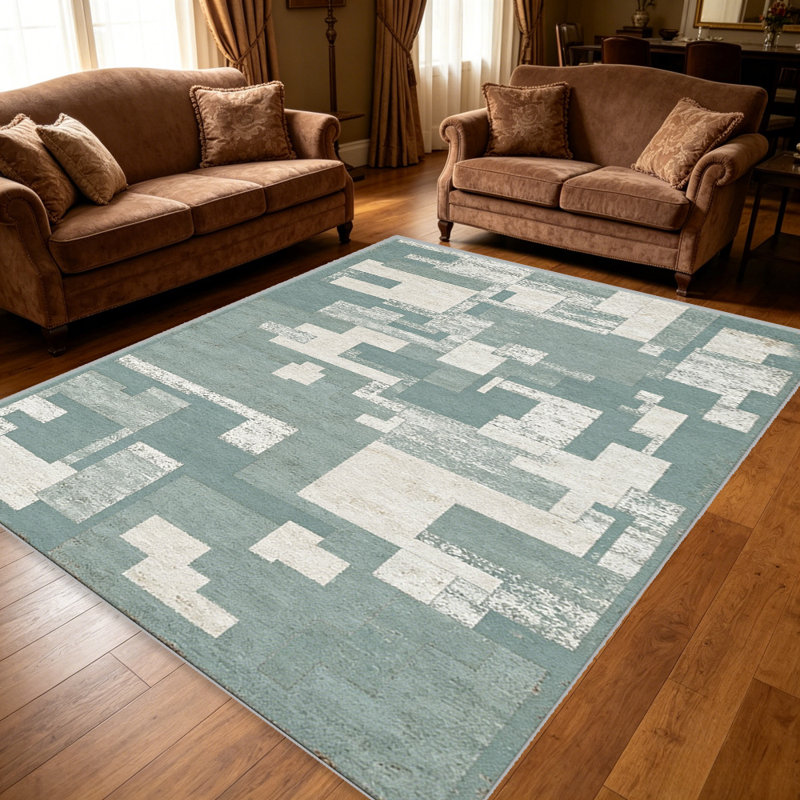Teal Abstract Blocks carpet-easy to clean, machine-washable, soft and comfortable; suitable for door mats, kitchens, living rooms, bedrooms, corridors, and laundry areas. Easy to clean, durable carpet for home decoration.