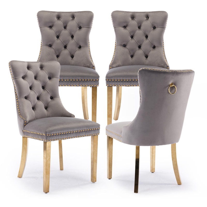 High-end Tufted Wool Linen Upholstered Nailhead Dining Chair, 4, Golden, Gray