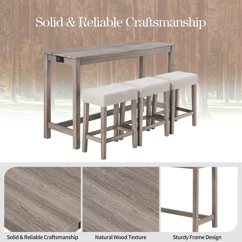 Teneile 59" Wide 3 - Preson Transitional Bar Table Set with Upholstered Tufted Stools and USB Ports