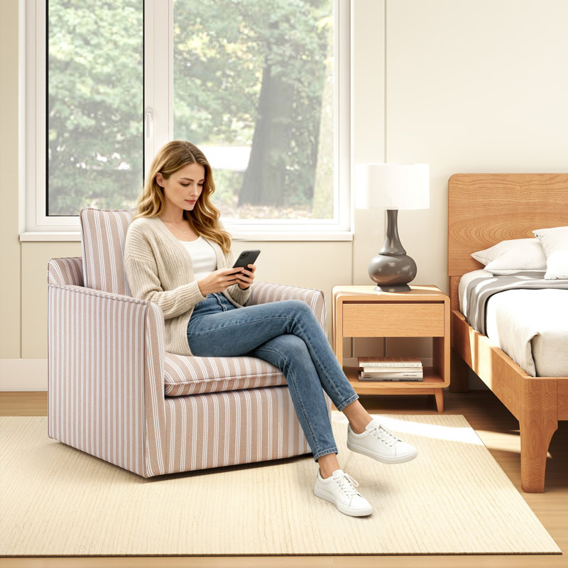 Fauteuil demi-tonneau pivotant rembourré à rayures douces de 29,7 po Romines, Polyester brun