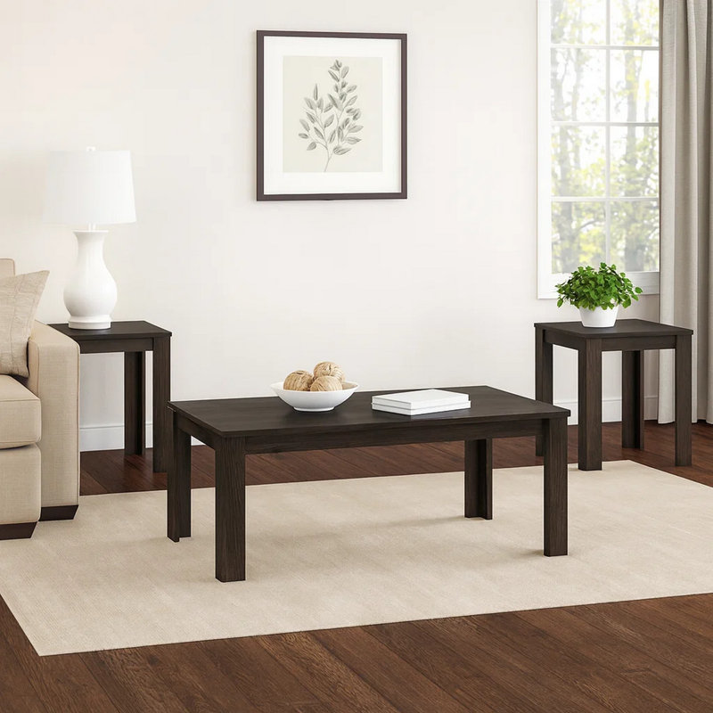 Ensemble de table basse et de table de bout 3 pièces Beck, rectangulaire et carrée, finition noire, Chêne brun foncé