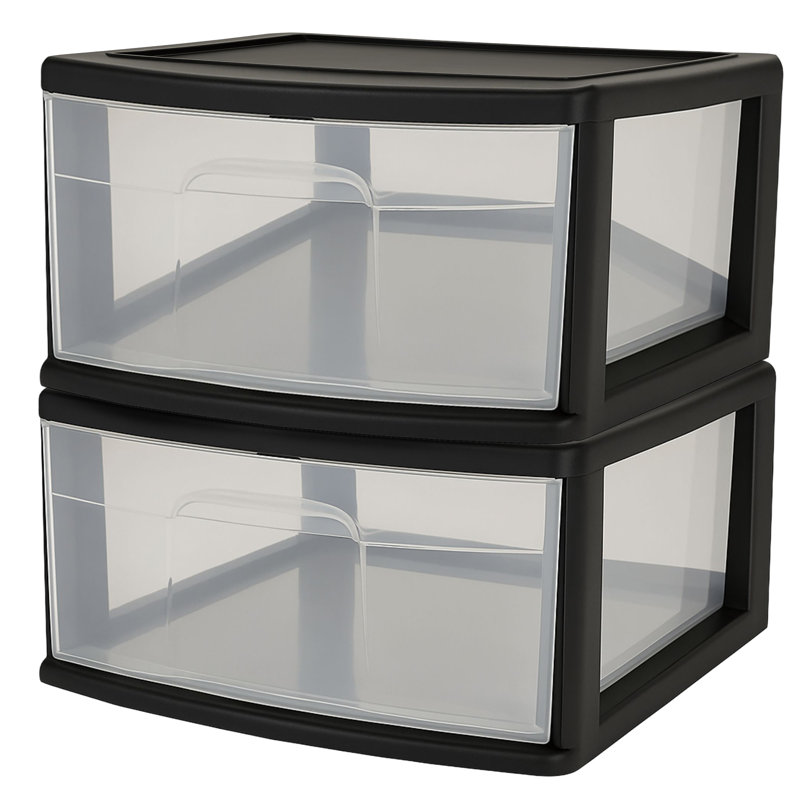 Homz Plastic 1 Drawer Wide Storage Cart, Black Frame with Clear Drawer, 2 Pack, Wide Body, Black frame with clear drawers