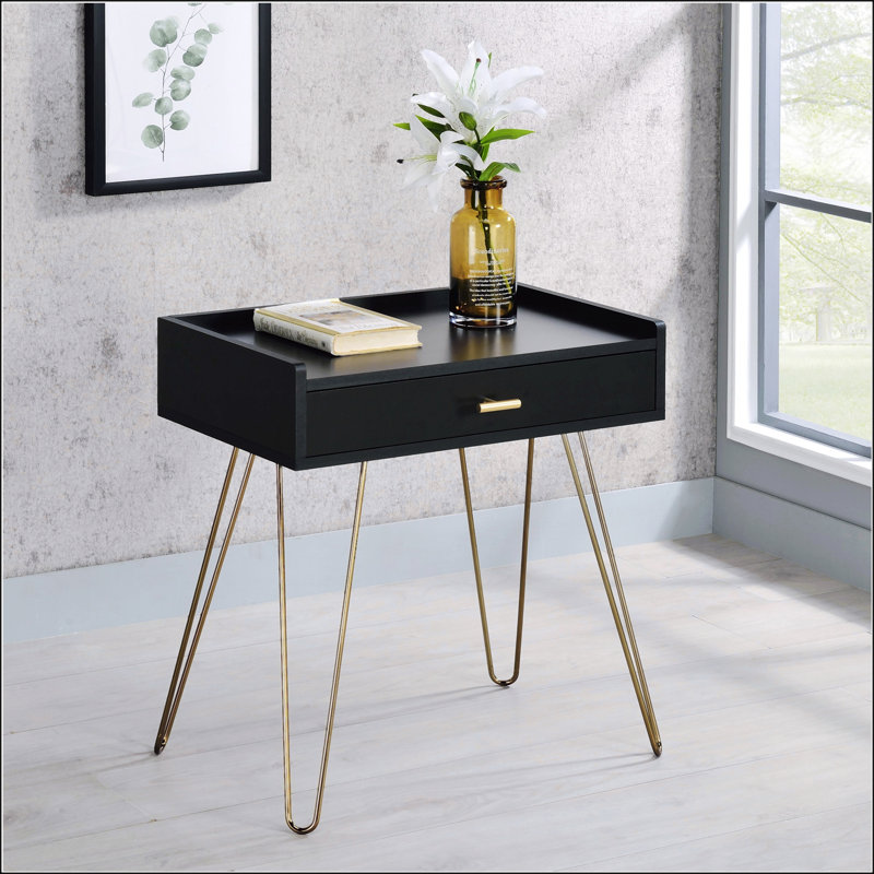 Hailey Black And Gold Wood Storage End Table With Durable Engineered Top And Stylish Metal Hairpin Legs For Modern Living