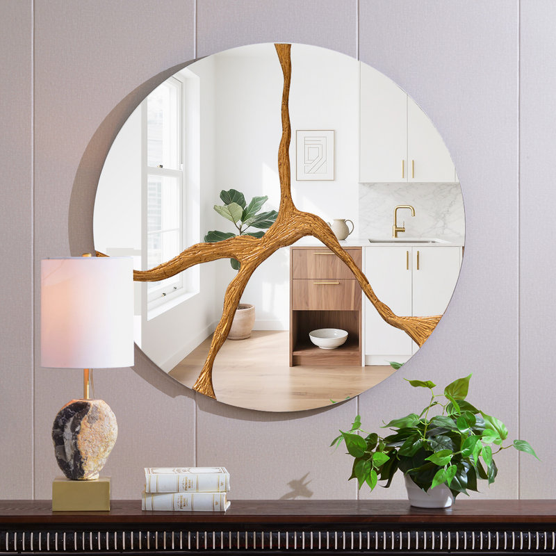 Wood Round Wall Mirror;Bathroom / Vanity Mirror;Flat Wall Mirror, 35.4" x 35.4"