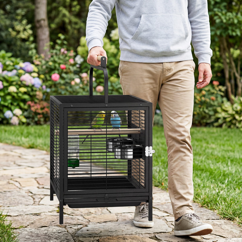 Cage à oiseaux de voyage, cage de perroquet portative en fer forgé avec bol / perchoir