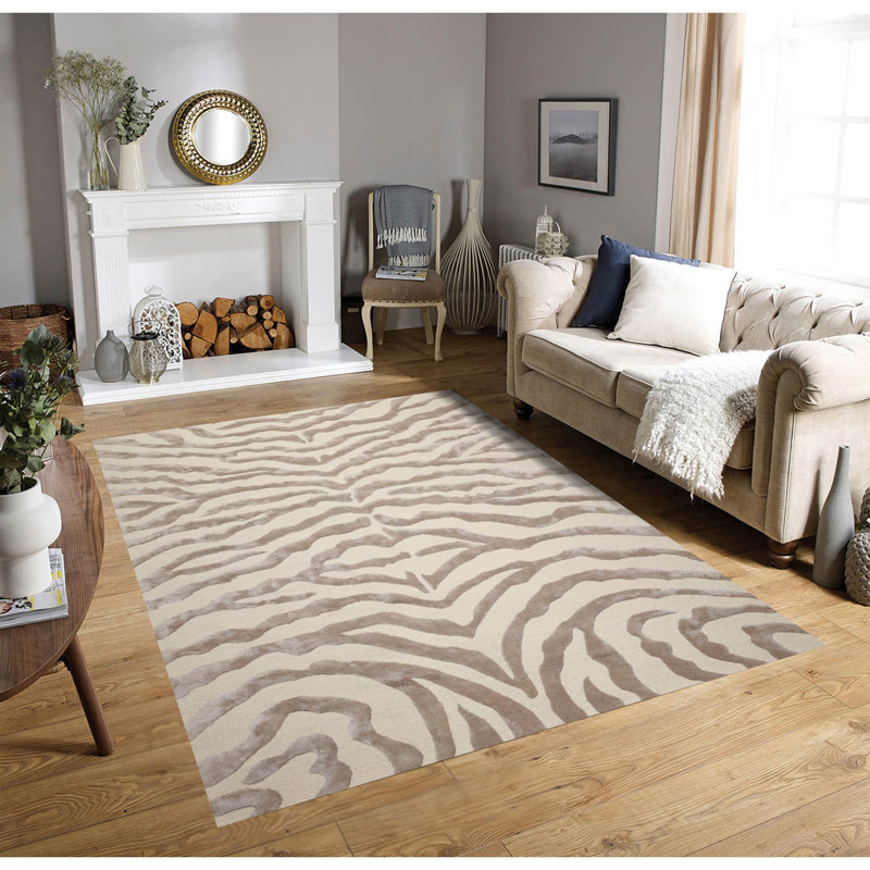 Tapis beige en laine / soie touffeté à la main à imprimé animal Prabhas, Rectangle 9 pi x 12 pi