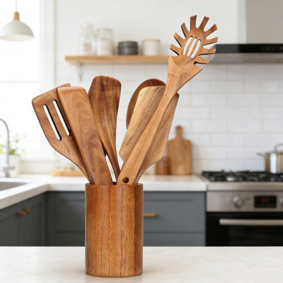 9-Piece Teak Wooden Utensil Set With Holder - Kitchen Cooking Spoons, Spatulas, Turner, Scraper And Spaghetti Spoon For Non-Stick Cookware
