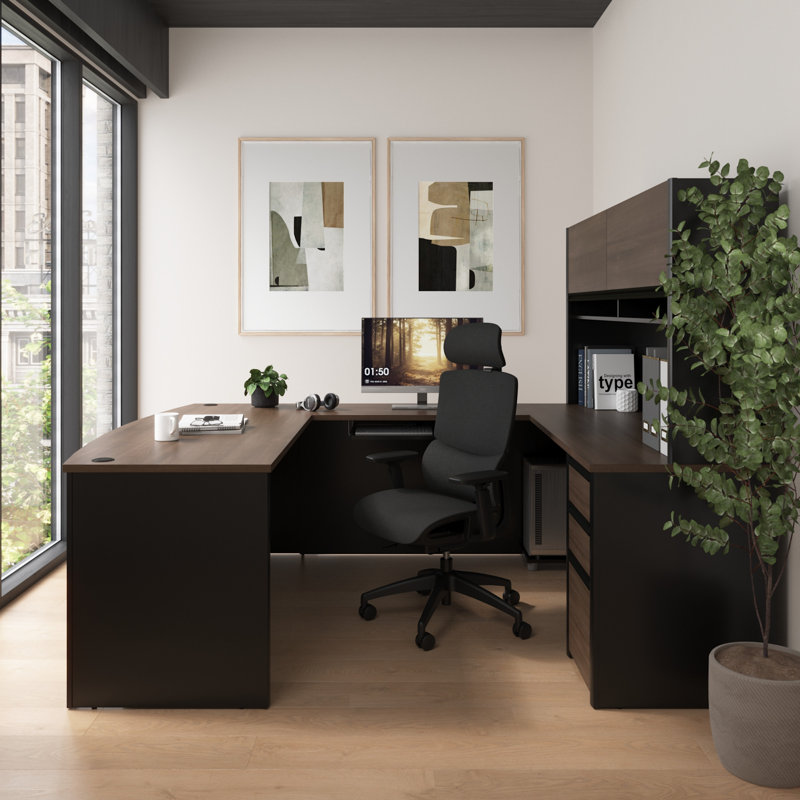 72-inch U Shaped Desk with Drawers, Hutch, and Keyboard Tray in Antigua and Black, Antigua/Black