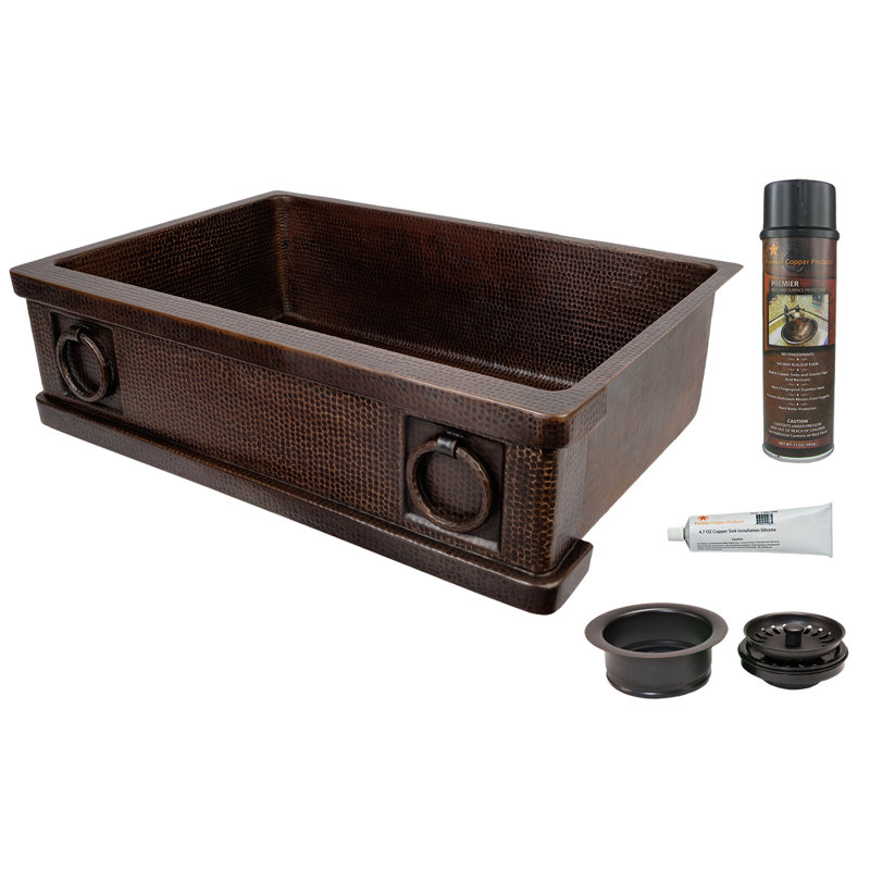 33" Hammered Copper Kitchen Apron Single Basin Sink w/ Rings with Matching Drain and Accessories