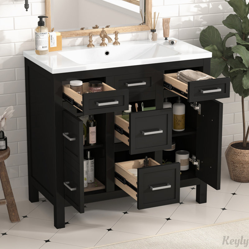 Meuble-lavabo 36 po avec lavabo intégré en résine, Noir, Argent