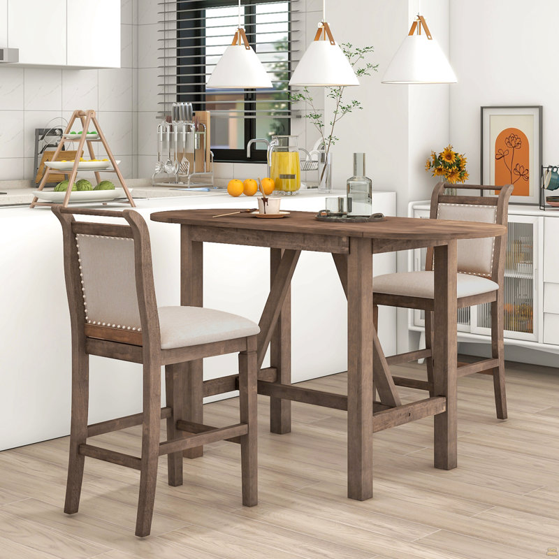 Ensemble de table de salle à manger à hauteur de comptoir en bois 3 pièces avec 2 chaises rembourrées pour petit espace, brun