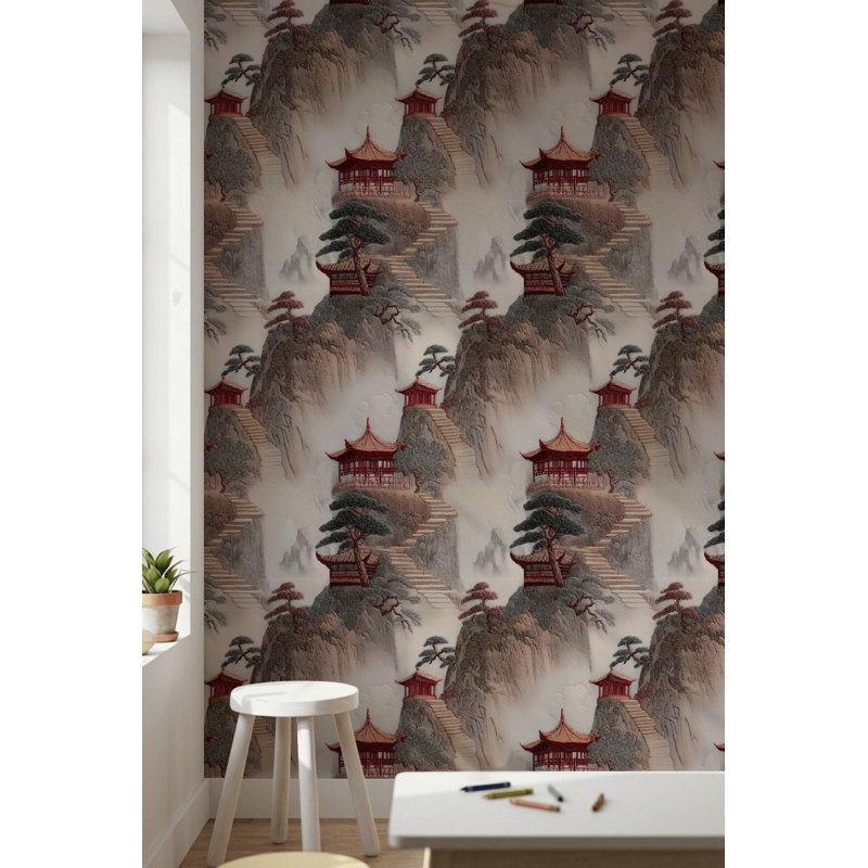 Papier peint paysage asiatique pagode sereine, Peler et coller