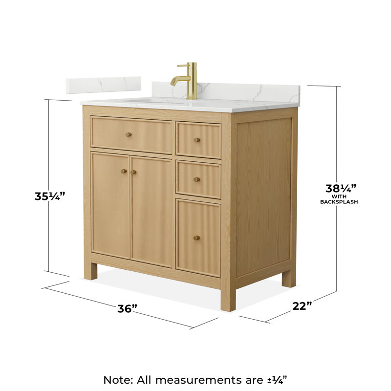 Pendry 36" Freestanding Single Bathroom Vanity with Quartz Top, Brushed Gold, Giotto Quartz, Tanned Oak