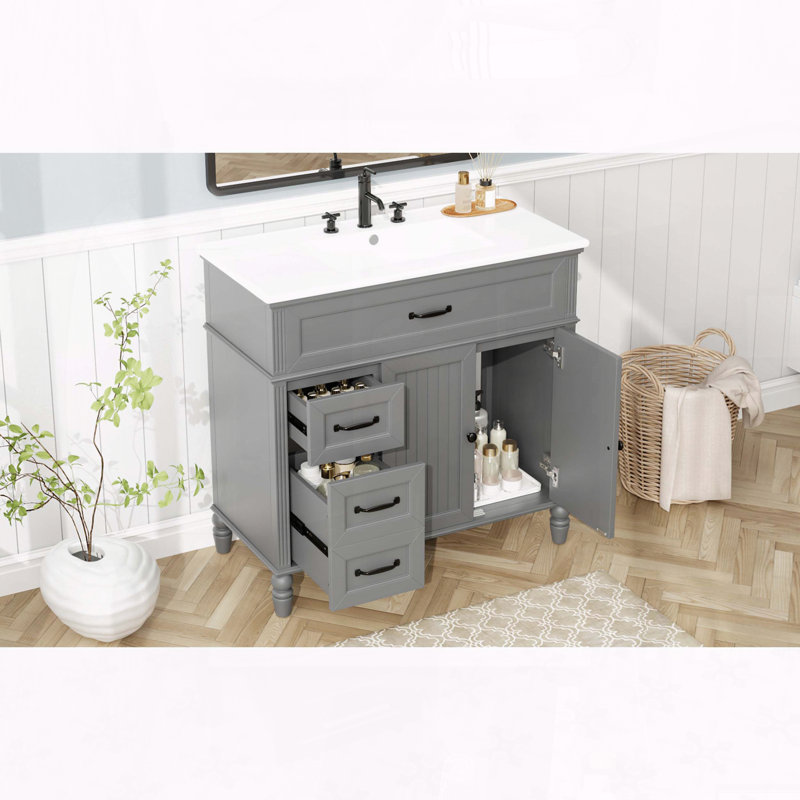 Meuble-lavabo rétro 36 po avec lavabo en céramique et tiroirs à fermeture en douceur, Gray