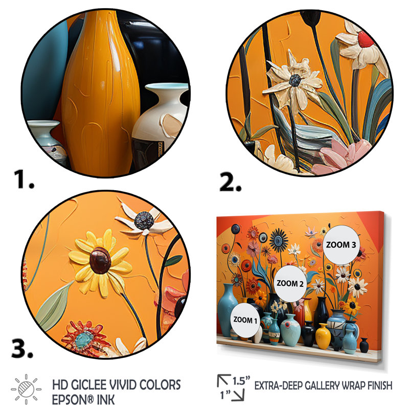 «Orange Boho Pottery Expressions II», art mural Boho, Cadre flottant doré, H 12 po x l 20 po x P 1 po