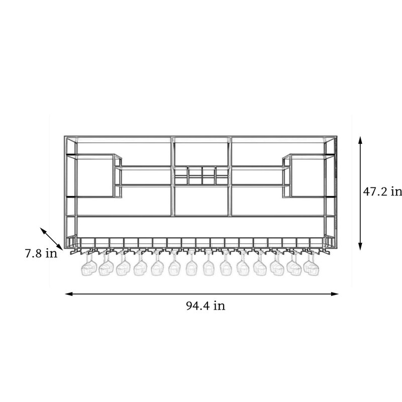 Support à vin mural noir à plusieurs niveaux, H 47,2 po x l 94,4 po x P 7,8 po
