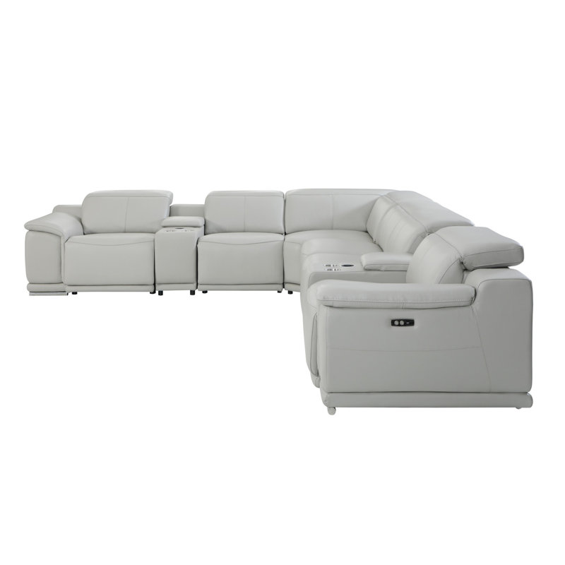 Canapé modulaire en U italien inclinable électrique en forme de U avec huit pièces, Cuir fleur gris clair
