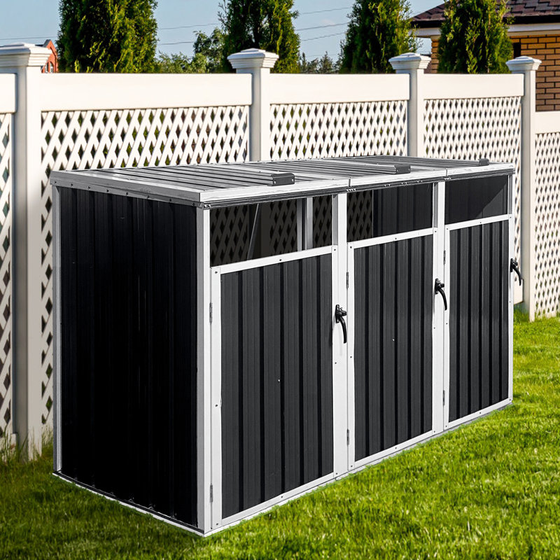 Remise extérieure pour poubelle en gris - peut contenir 3 boîtes, une porte en métal verrouillable, un support de poubelle