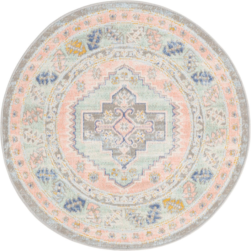 Tapis oriental rose poudré Pointe, Rond 3 pi 3 po