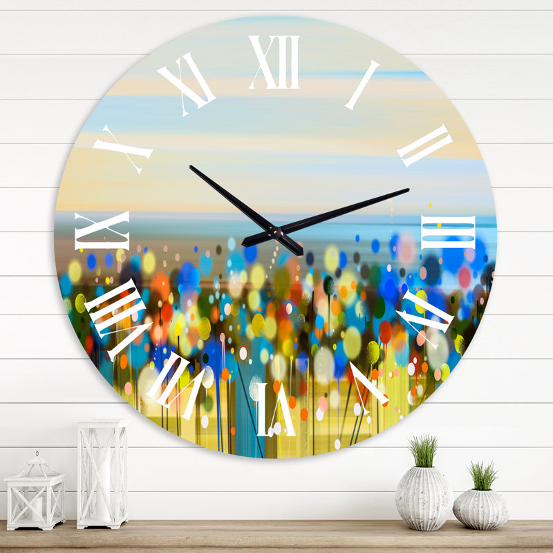 Horloge murale moderne peinte à la main fleurs sauvages et champs de printemps, Moyen