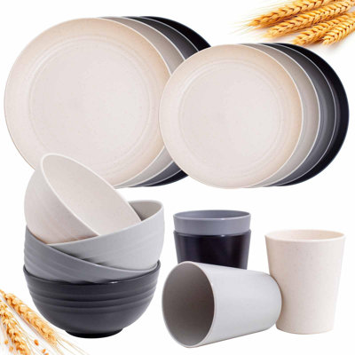 Ensembles de vaisselle en paille de blé, ensemble de vaisselle en plastique 16 pièces pour 4 personnes, assiettes et bols en paille de blé, vaisselle en plastique incassable allant au micro-ondes pour la cuisine et le camping