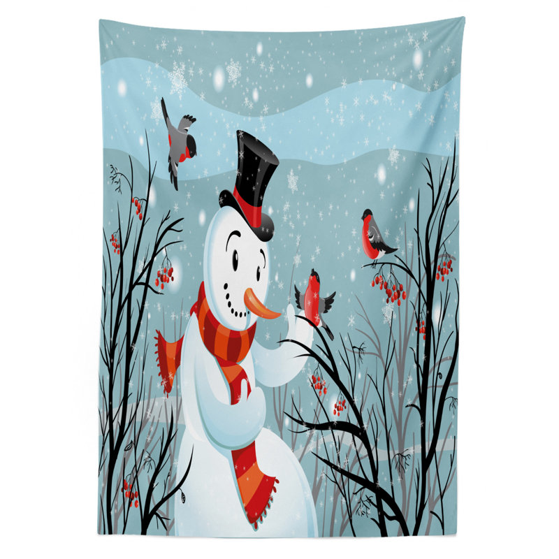 Snowy Winter Tree Branches Berries Bullfinch Birds Snowman Hat Tablecloth, 90" x 60"