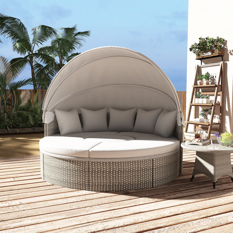PATIO FURNITURE ROUND OUTDOOR SECTIONAL RATTAN DAYBED, Gray