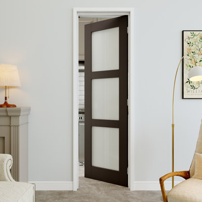 Porte pré-suspendue en verre givré noir 24 po x 80 po à 3 lumières avec charnières argentées, dalle de porte d'intimité en verre, insonorisant et imperméable, combinaison pour la lessive, portes de placard, portes de pièce, droite