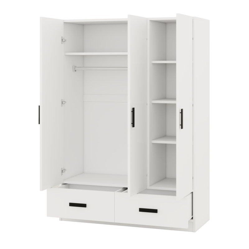 Garde-robe 3 portes avec tiroirs, tablettes et tringle