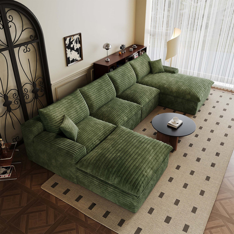 Canapé modulaire en velours côtelé vert de 135 pouces avec structure double couche, coussins amovibles et aucun assemblage requis pour un confort polyvalent