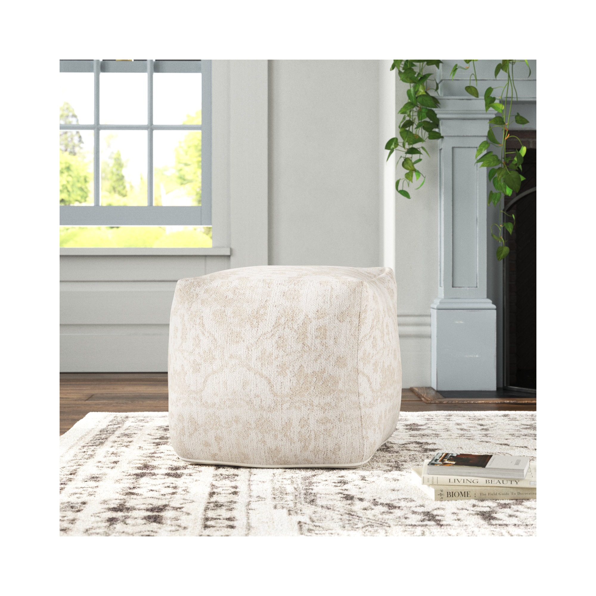 Kason Upholstered Pouf, Cream Cotton Blend
