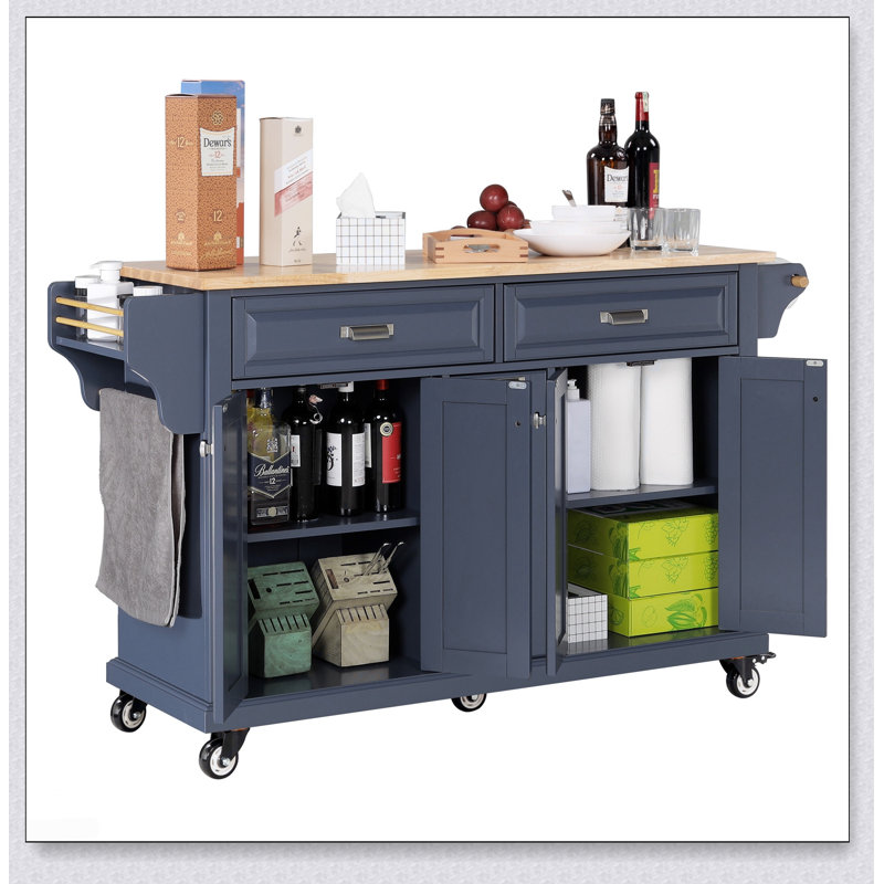 Versatile Kitchen Island with Rubberwood Countertop, Storage Cabinet, and Multiple Drawers for Enhanced Organization and Mobility.