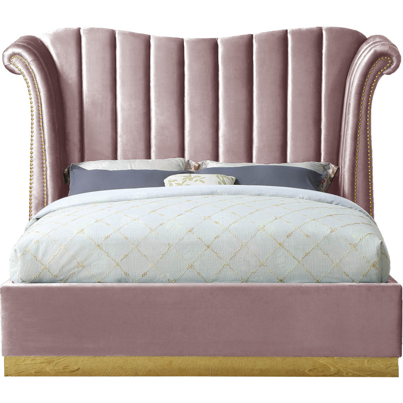 Lit plateforme tapissier capitonné Cicero, Très grand, Velours rose