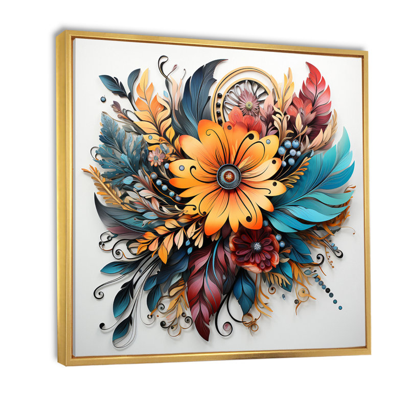 Boho Flowers Bouquet en bleu et or sur toile, H 16 po x l 16 po x P 1 po, Cadre flottant doré