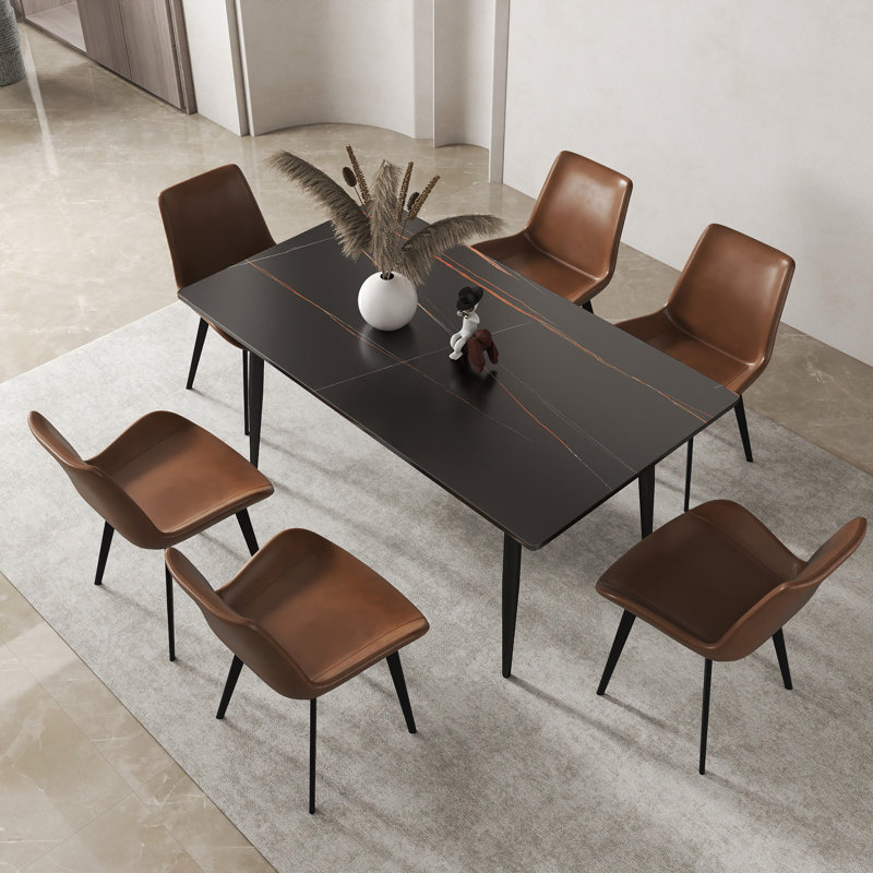 Juvan 7-Piece Modern Rectangular Sintered Stone Dining Table Set With 6 Faux Leather Chairs, Lauren Blackgold, Brown