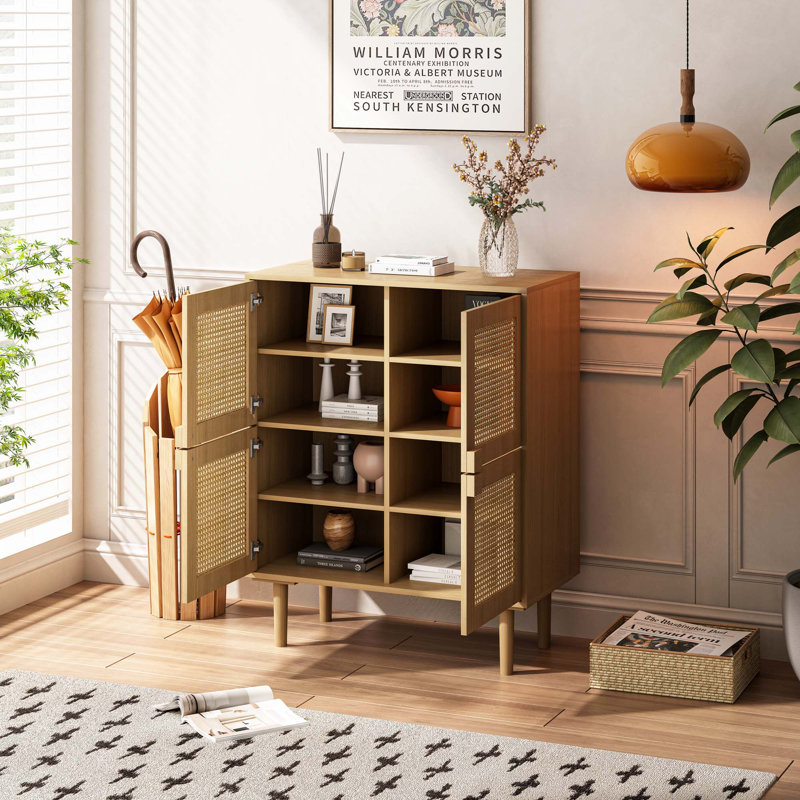 4-Doors Rattan Mesh Storage Cabinet, Sideboard, Natural