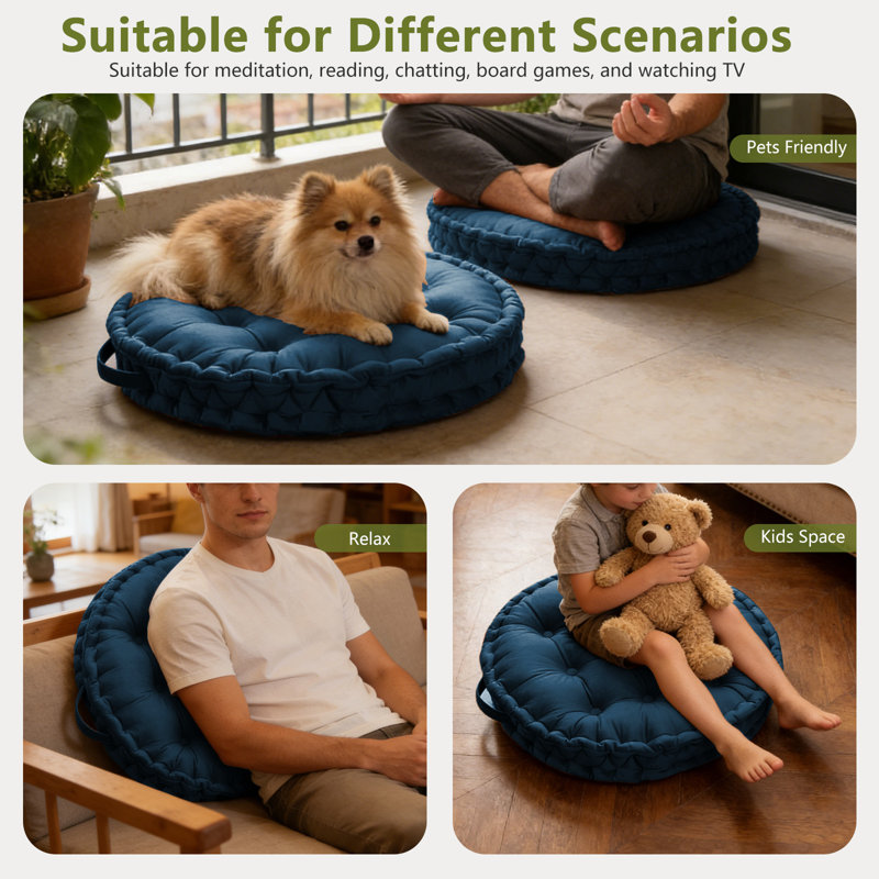 23.6" Round Solid Meditation Cushion, Thick Floor Pillow for Yoga & Tatami, Dark Blue