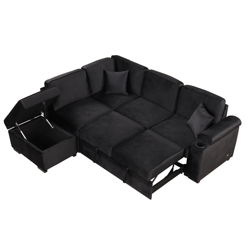 L-Shaped Sleeper Sofa with Storage Ottoman, 2-in-1 for Small Spaces, Black