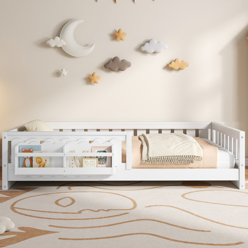 Lit plateforme simple en bois avec garde-corps et tablettes de rangement, blanc, Lit simple, Blanc