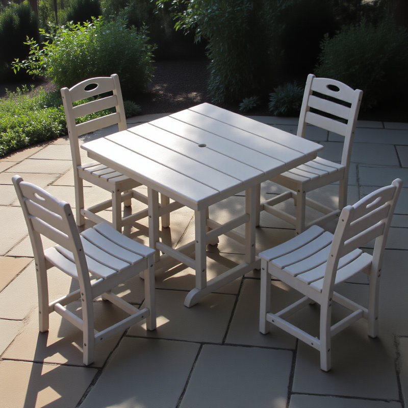 Ensemble de salle à manger blanc Hdpe pour 4, ensemble de patio 5 pièces avec table carrée et 4 chaises, trou pour parasol