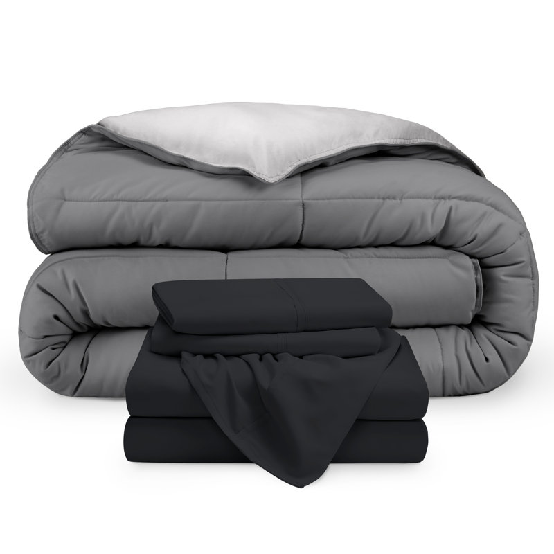 Microfiber Reversible Bed-In-A-Bag, California King Comforter + 2 Pillowcases, Grey/Light Grey, Black