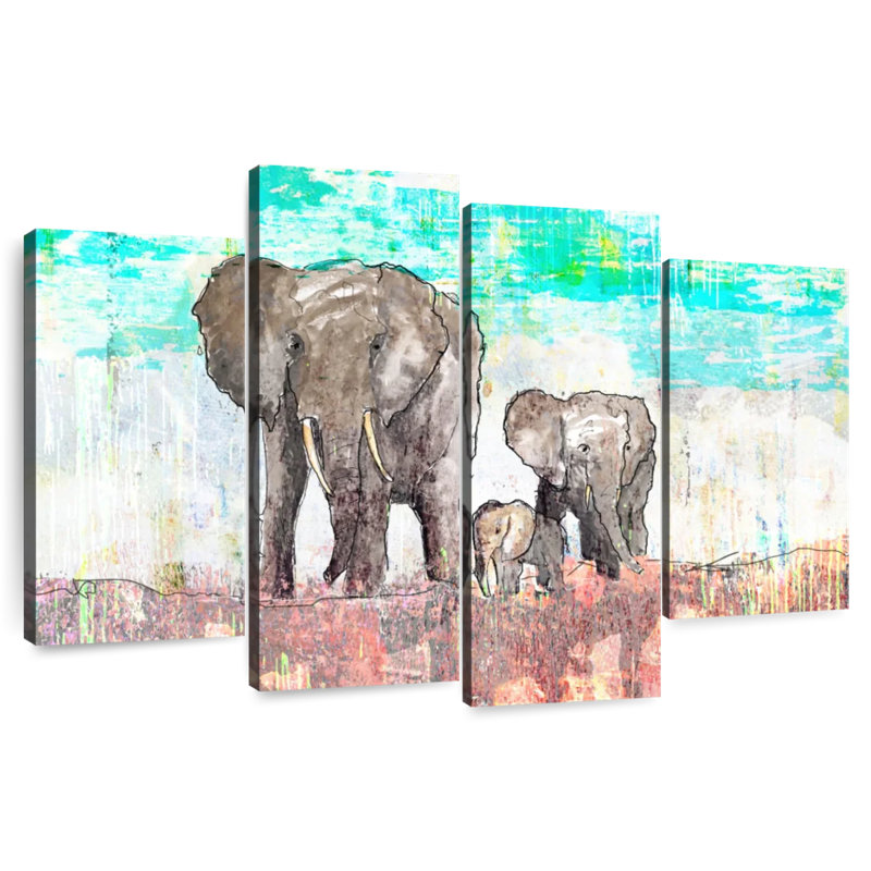 Voyage en famille d'éléphants, H 27 po x l 43 po
